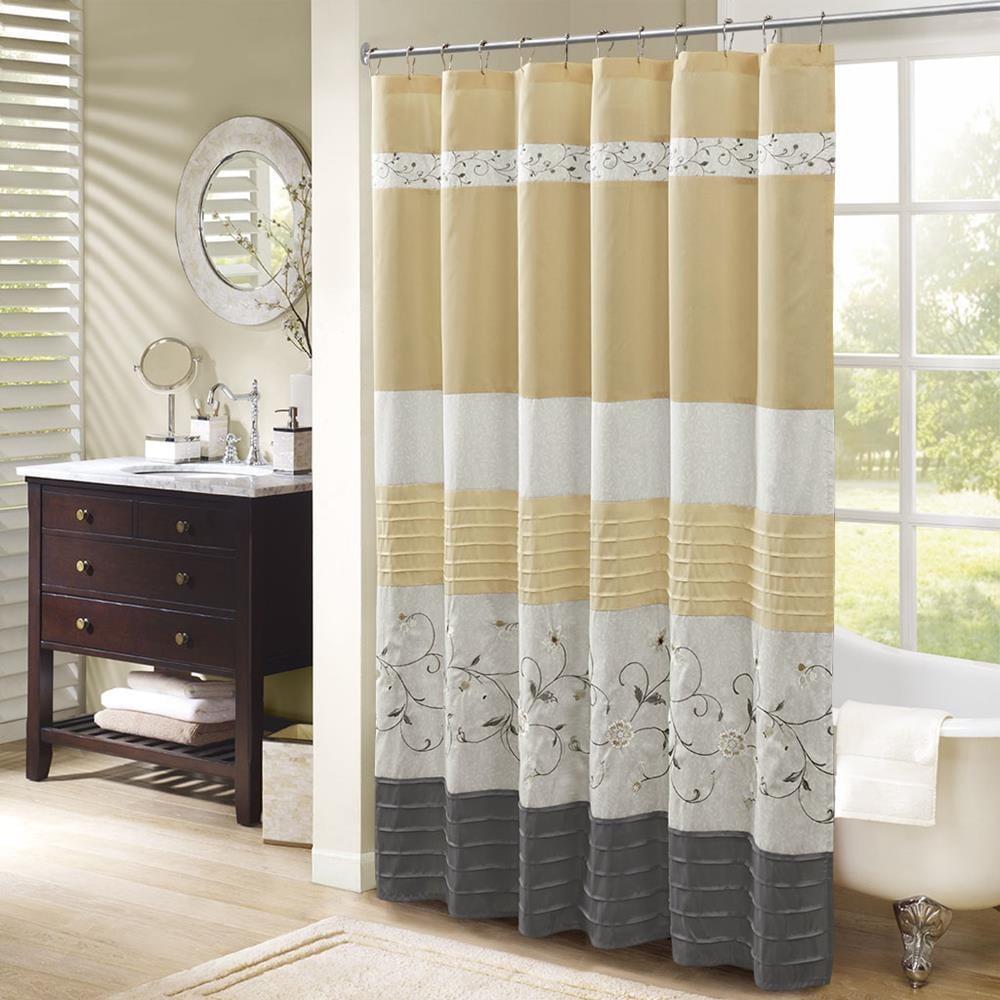 Embroidered Floral Faux Silk Shower Curtain in Yellow and Gray