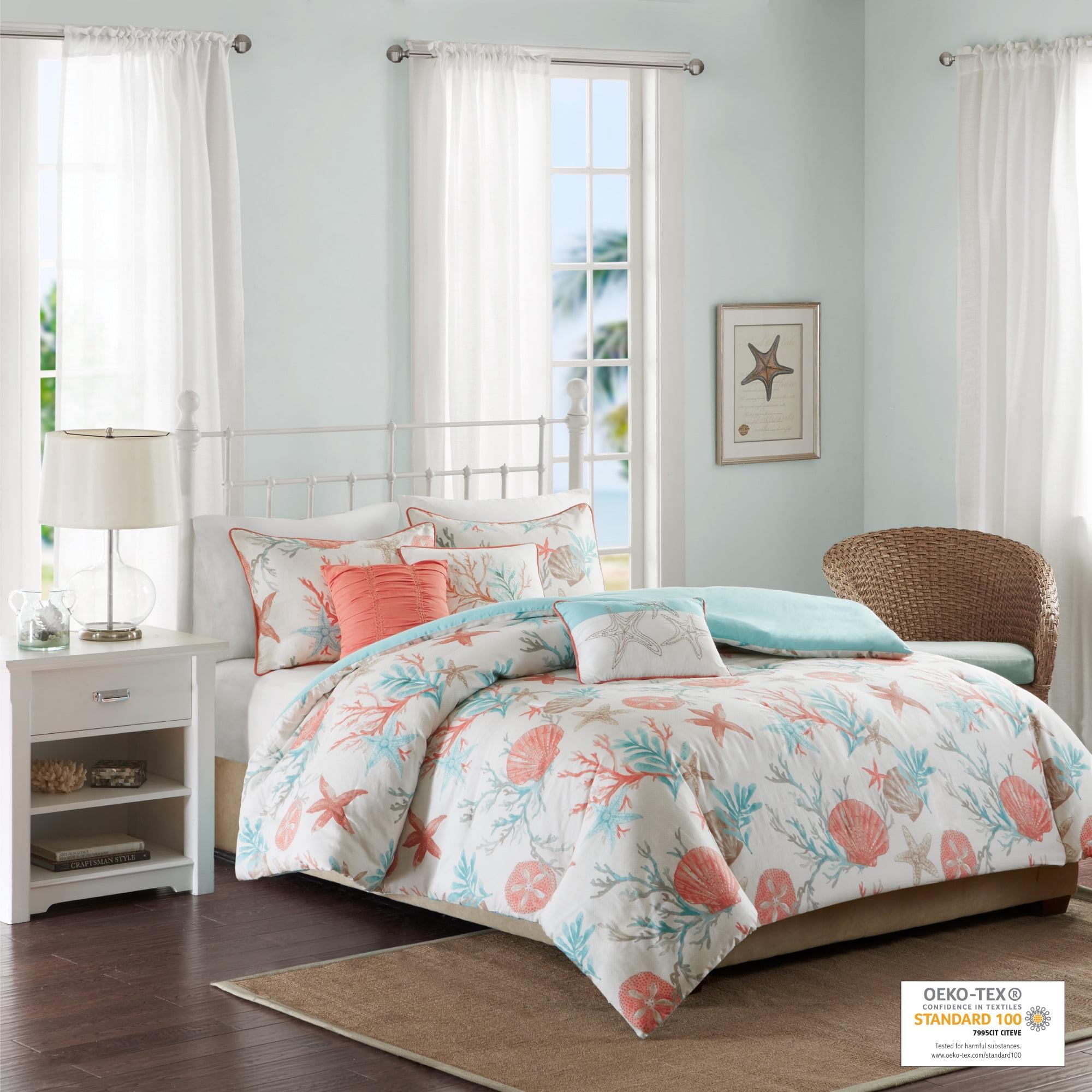 Coral and Teal Coastal Cotton Duvet Cover Set, Full/Queen, 6 Pieces