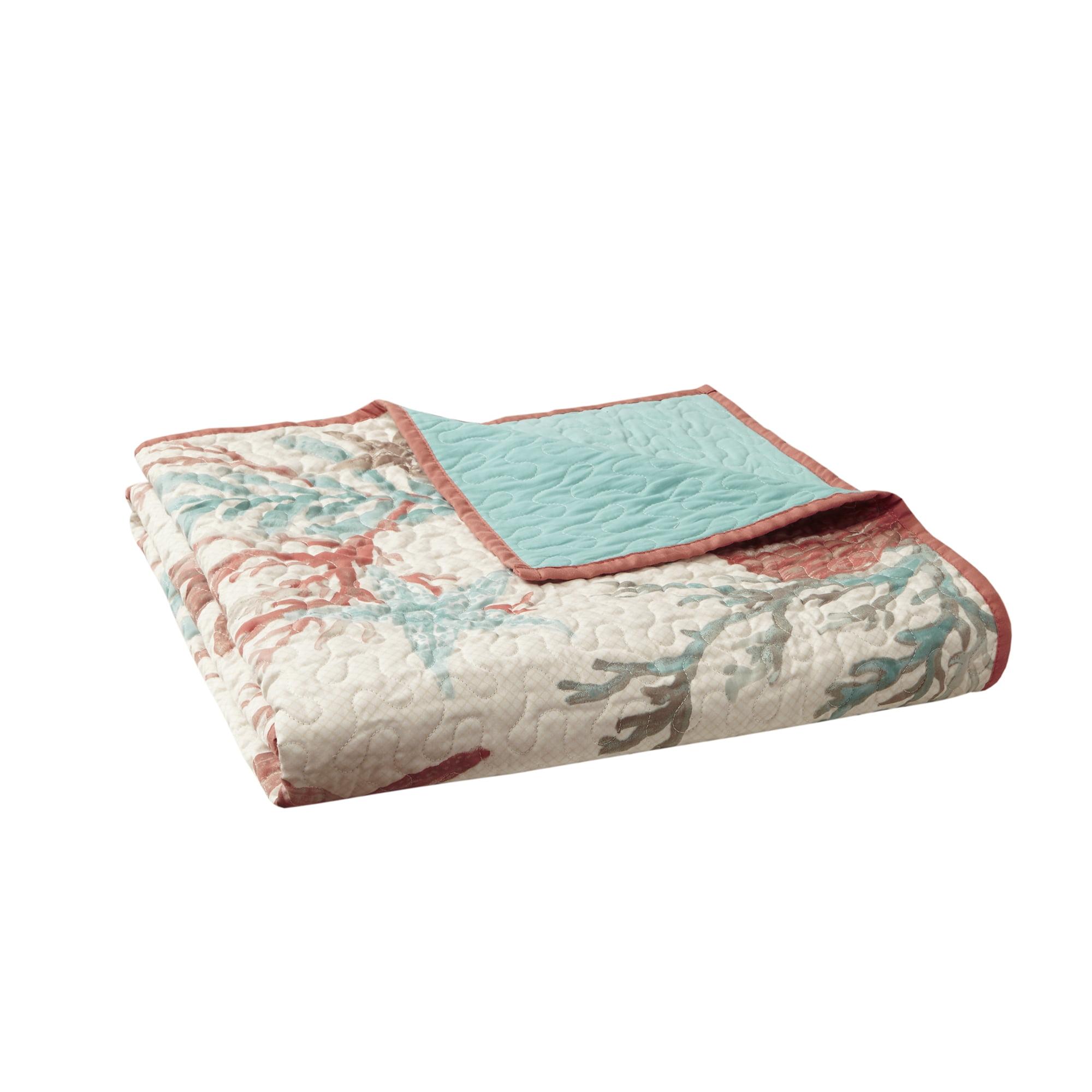 Oversized Aqua and Coral Cotton Quilted Throw