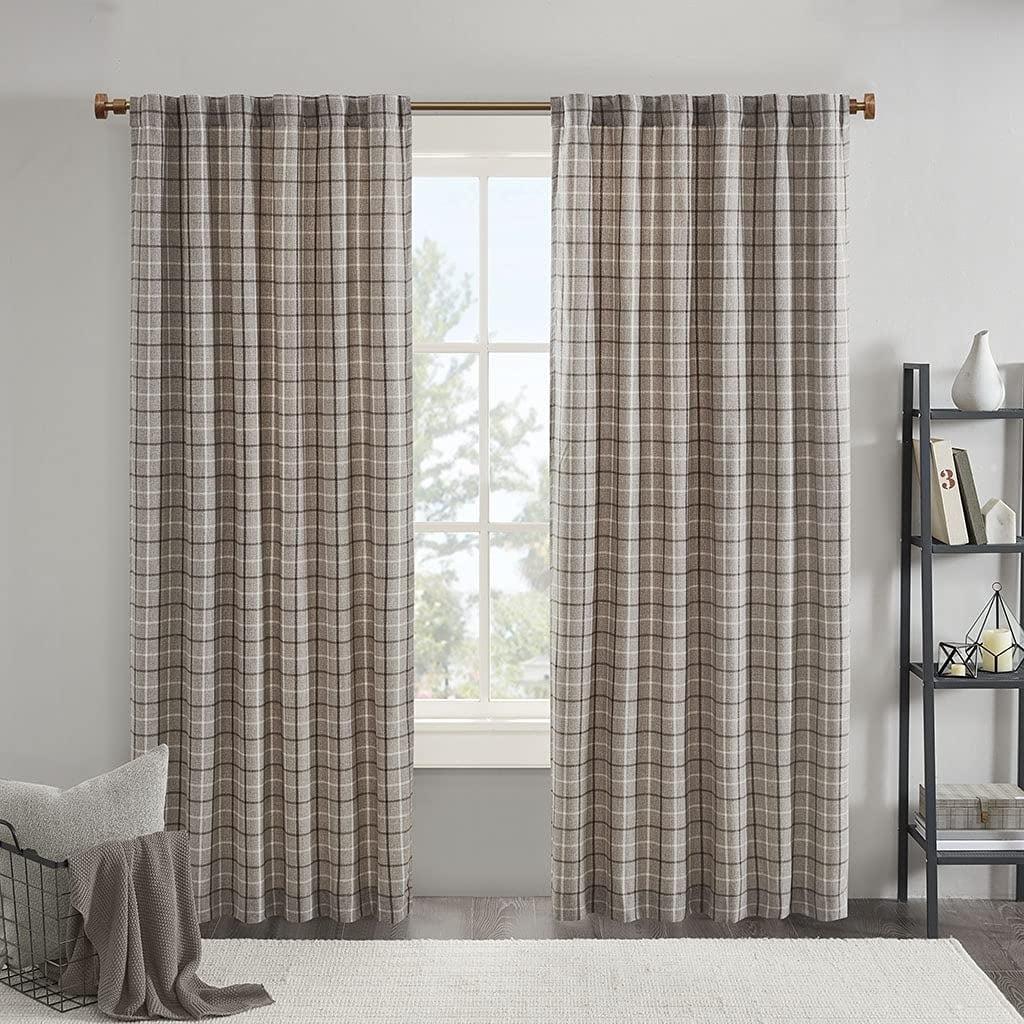 Brown Plaid Polyester Light-Filtering Curtain Panel with Fleece Lining