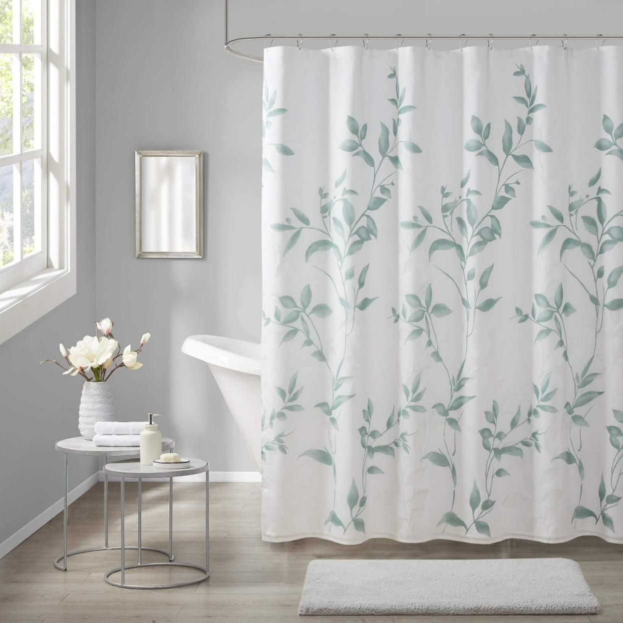 Seafoam Botanical Floral Print Fabric Shower Curtain