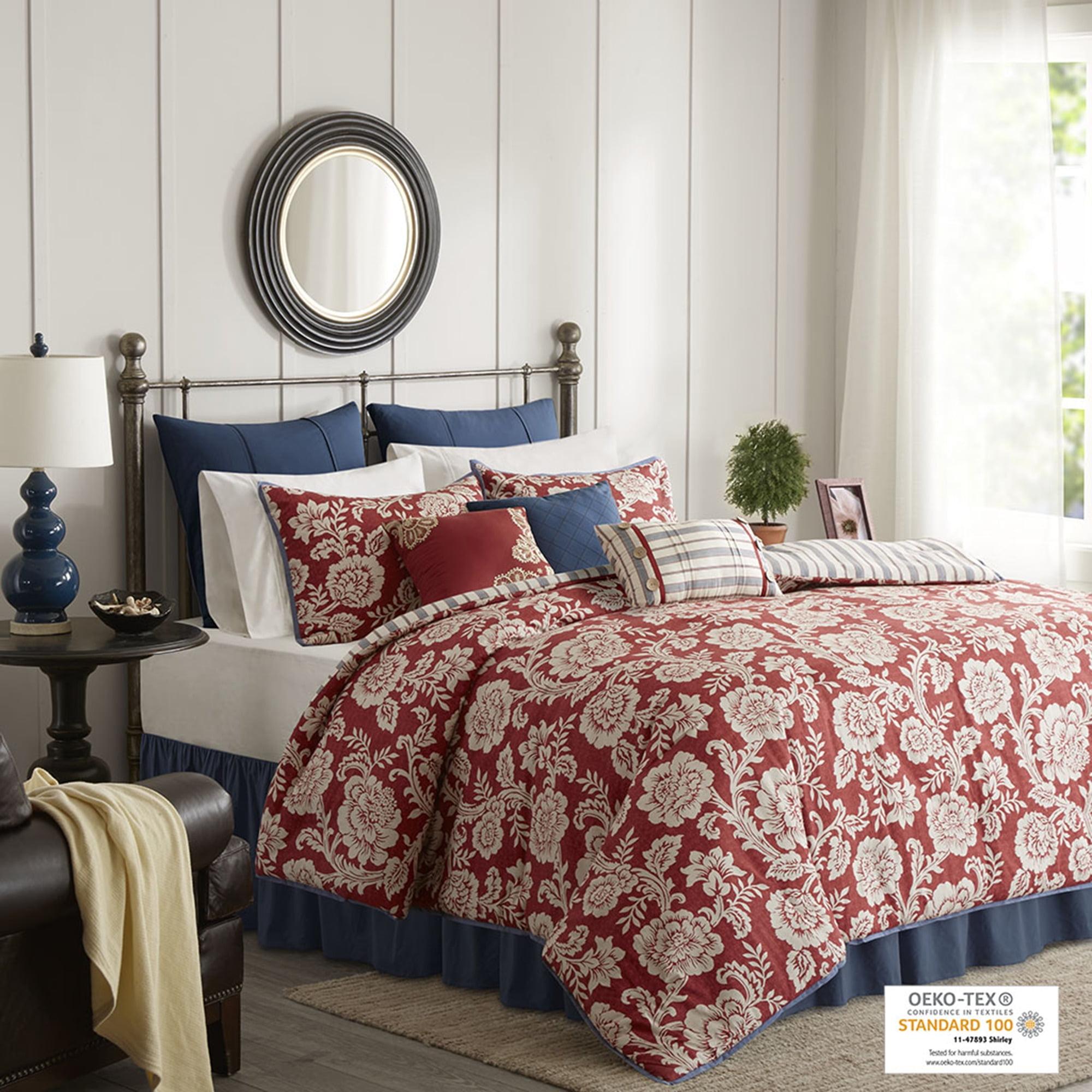 Red Floral Cotton Queen Duvet Cover Set with Shams