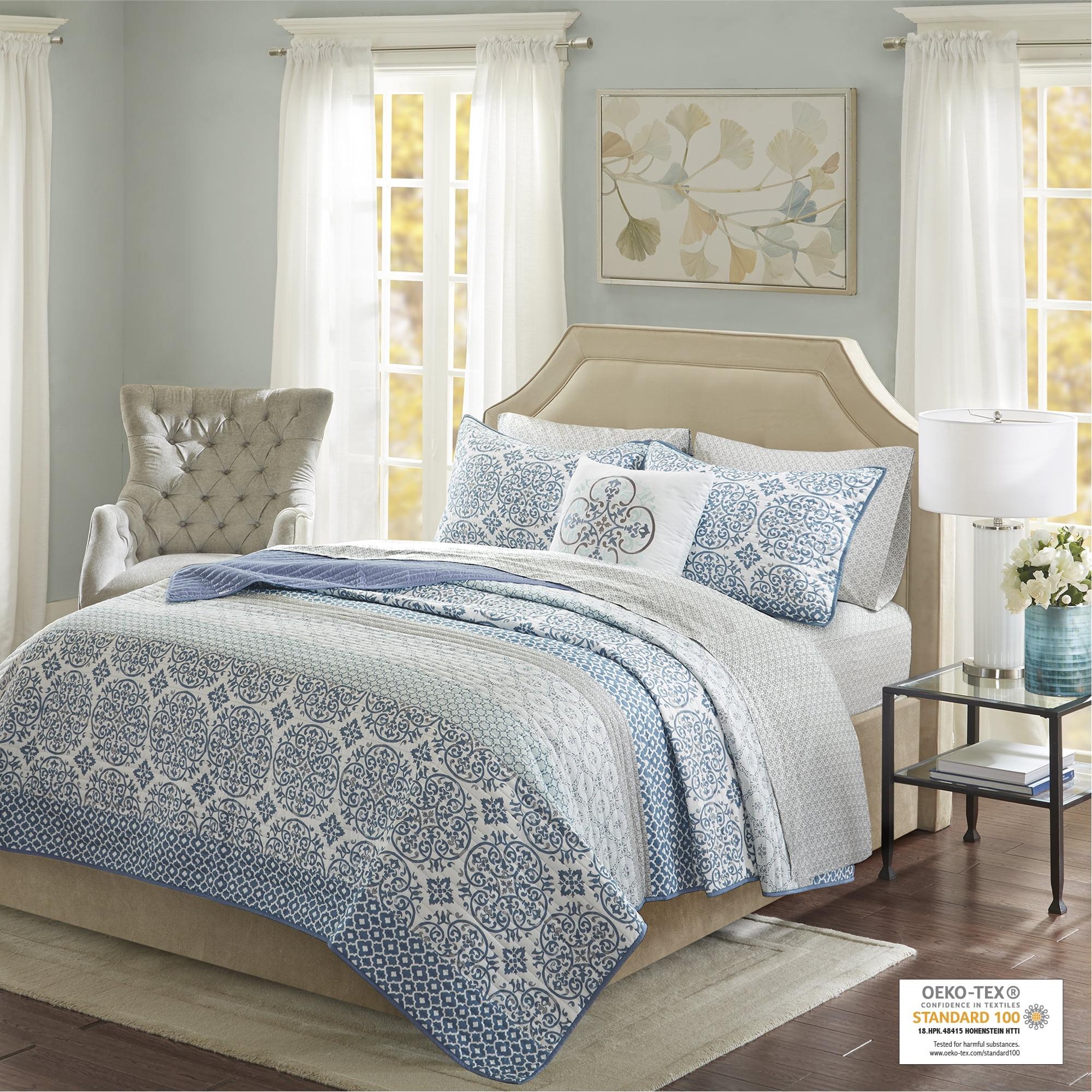 Blue Cotton Reversible California King Quilt Set