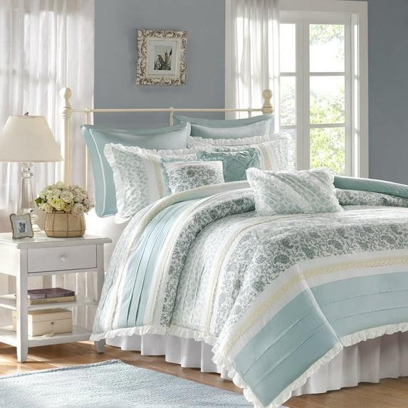 9pc California King Stella Duvet Set - Blue: Madison Park, Cotton Percale, Pleated, OEKO-TEX Certified