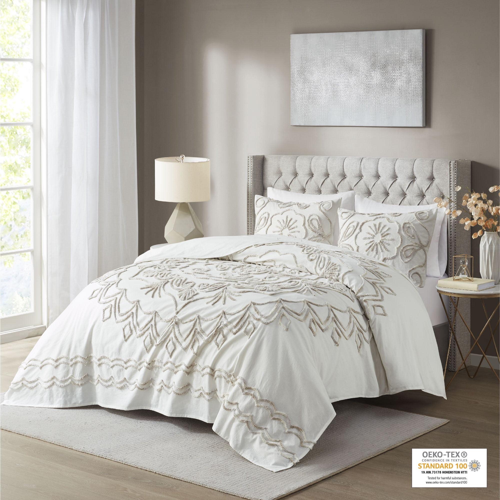 Ivory Full Tufted Cotton Chenille Coverlet Set with Graphic Detail