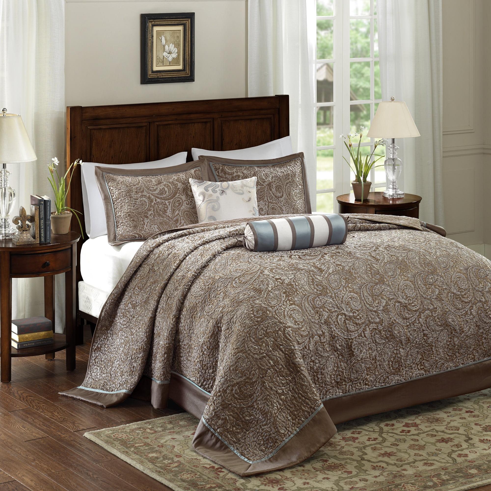 Aubrey Blue and Taupe Reversible Queen Bedspread Set