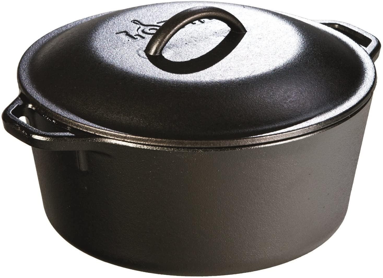 Lodge 5qt Cast Iron Dutch Oven: Preseasoned, Tarnish & Rust-Resistant, Black, 2-Piece Set, Hand Wash Only