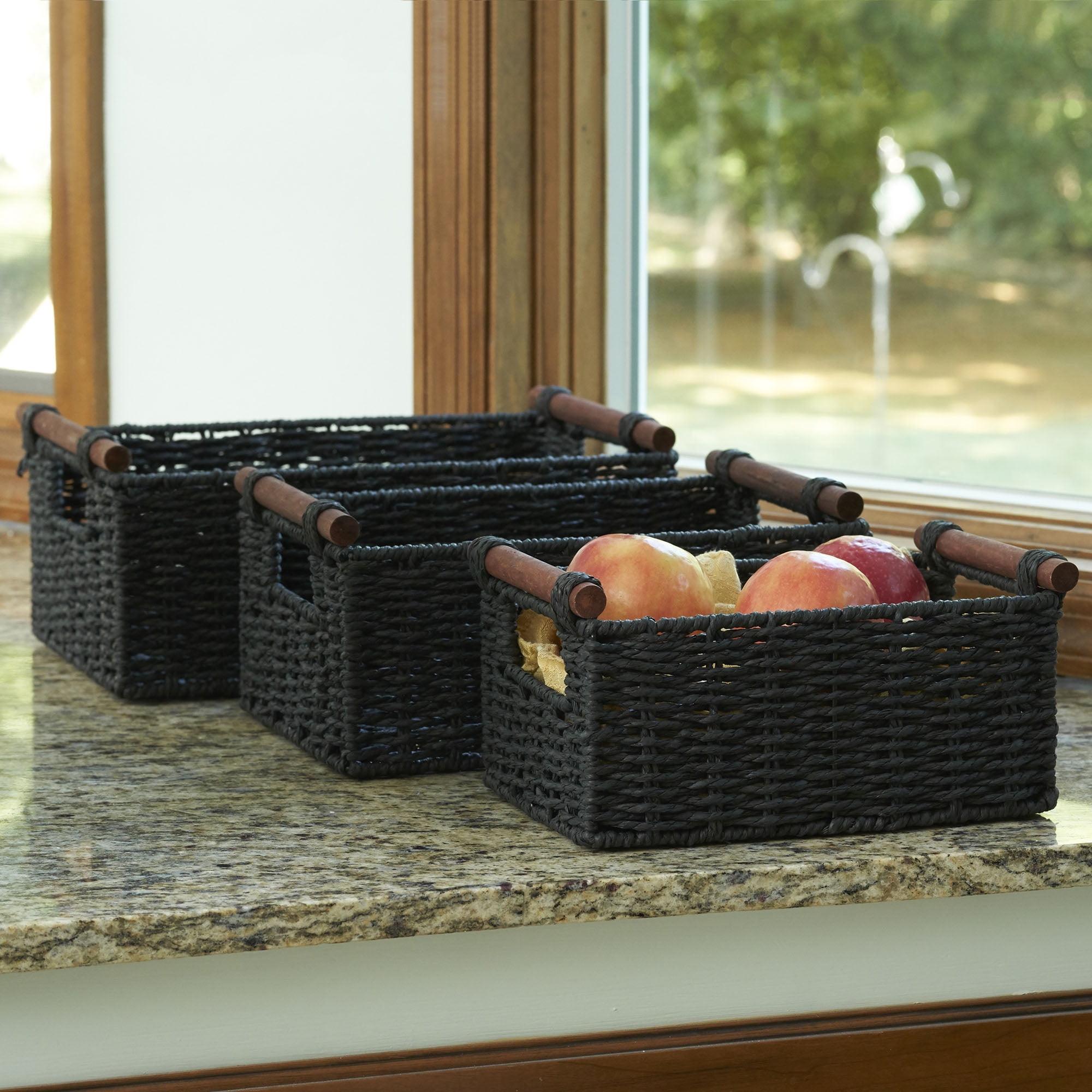 Black Handwoven Paper Rope Storage Baskets with Wood Handles, Set of 3