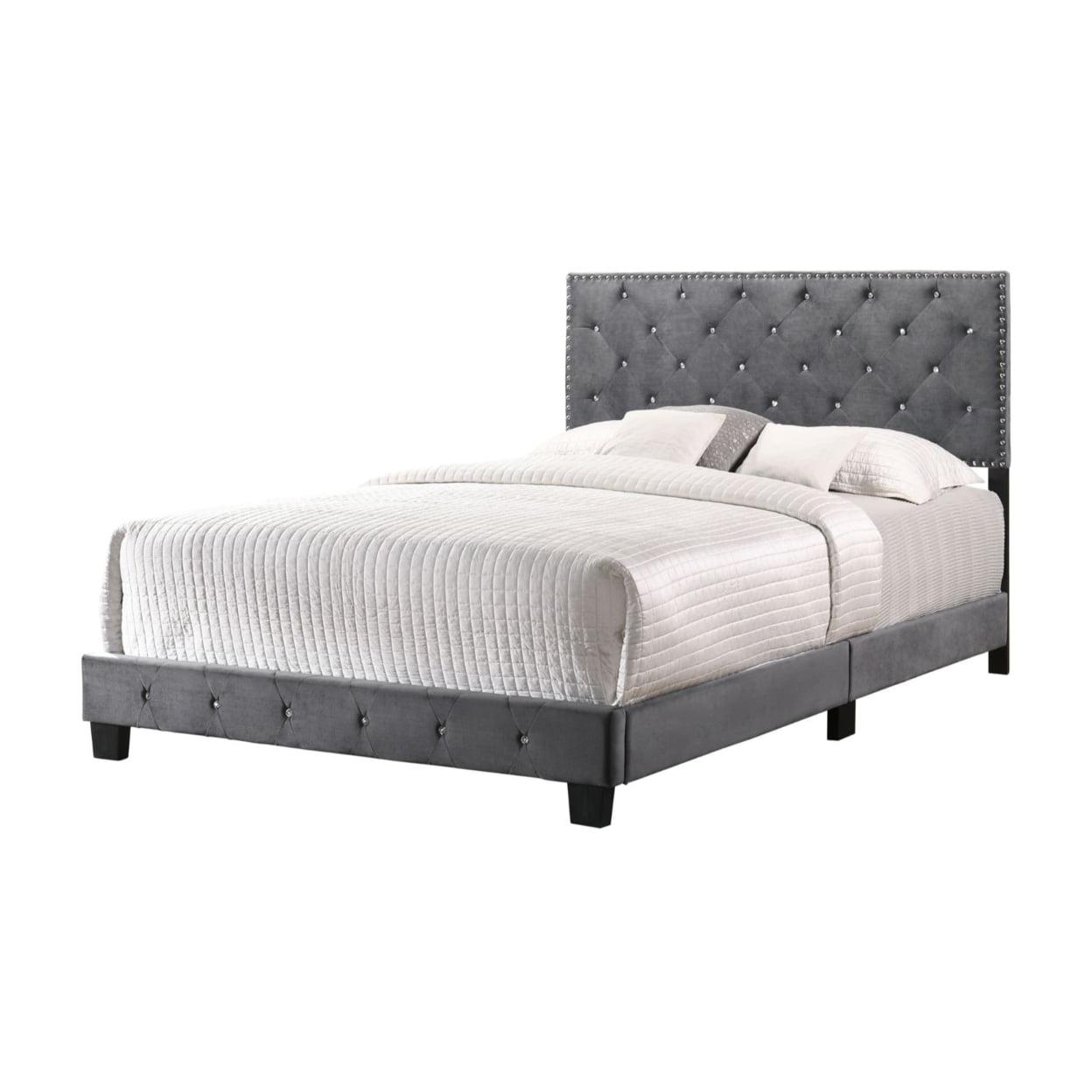 Suffolk Gray Velvet Queen Bed with Jeweled Tufting and Nailhead Trim