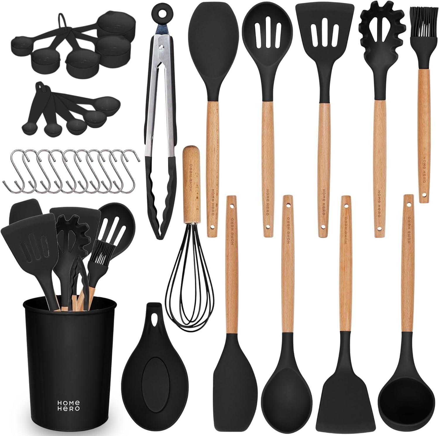 33-Piece Black Silicone and Wood Kitchen Utensil Set