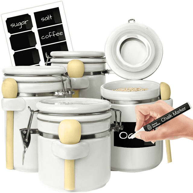 Home Intuition Home Intuition Ceramic Kitchen Canisters Set of 4 with Wooden Spoons Reusable Chalk Labels, Coffee, Tea (Red)