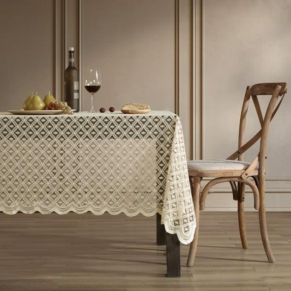 HLC.ME Alona Lace Fabric Table Cloth for Rectangle Tables, Wrinkle Resistant, Patterned Scalloped Tablecloth - Linen, 60 W x 84 L