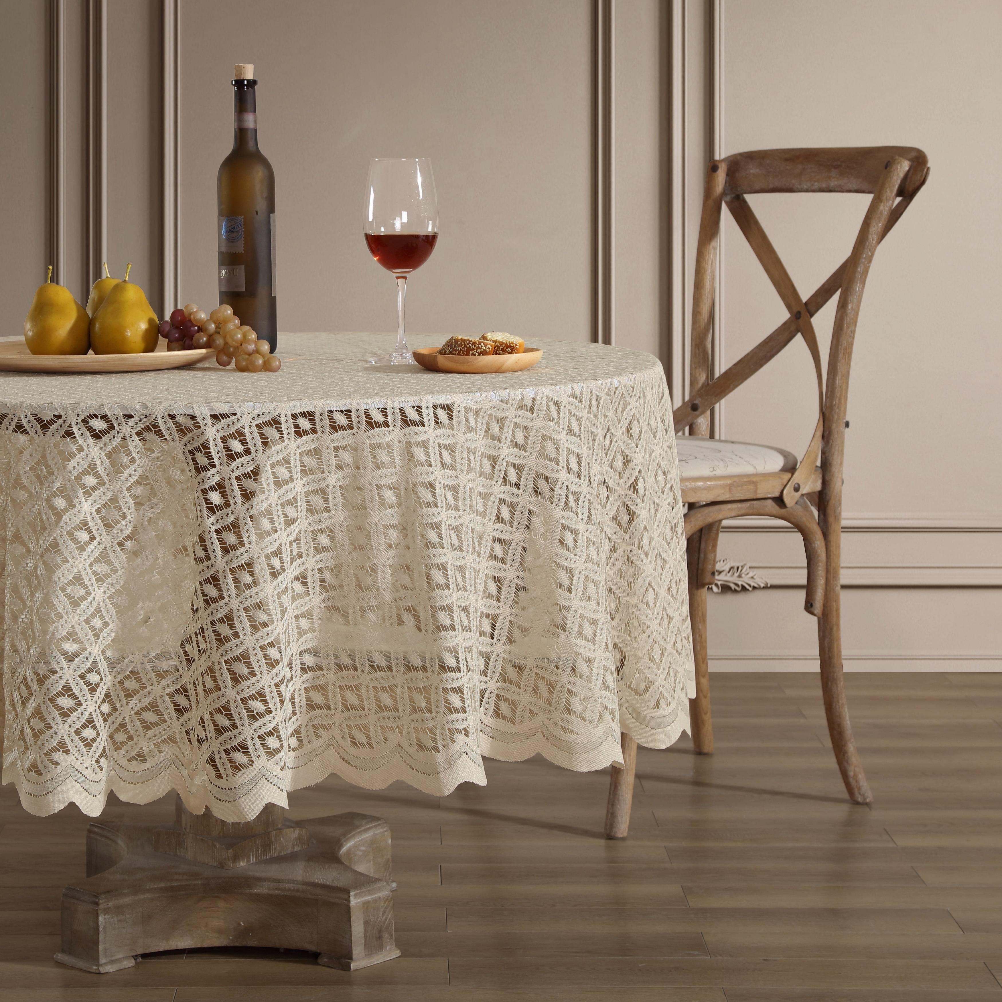 HLC.ME Alona Lace Fabric Table Cloth for Round Tables, Wrinkle Resistant, Patterned Scalloped Tablecloth - Linen, 70 Round