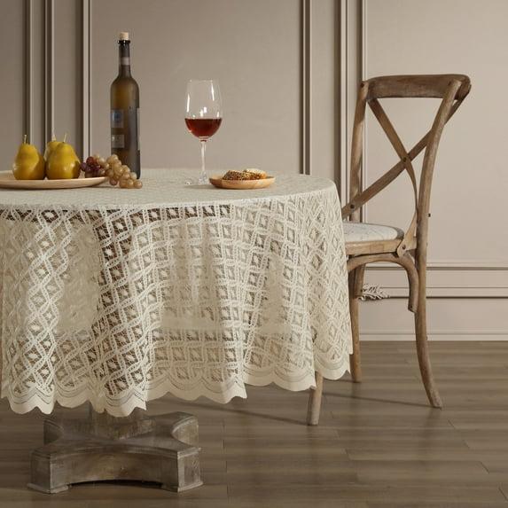 HLC.ME Alona Lace Fabric Table Cloth for Round Tables, Wrinkle Resistant, Patterned Scalloped Tablecloth - Linen, 70 Round
