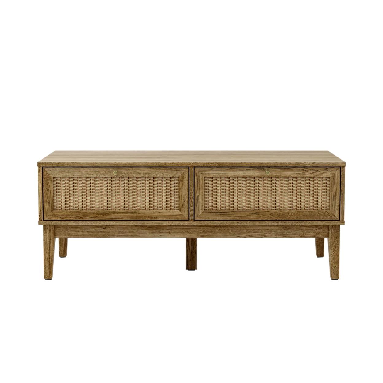 Natural Wood and Rattan Rectangular Coffee Table with Storage