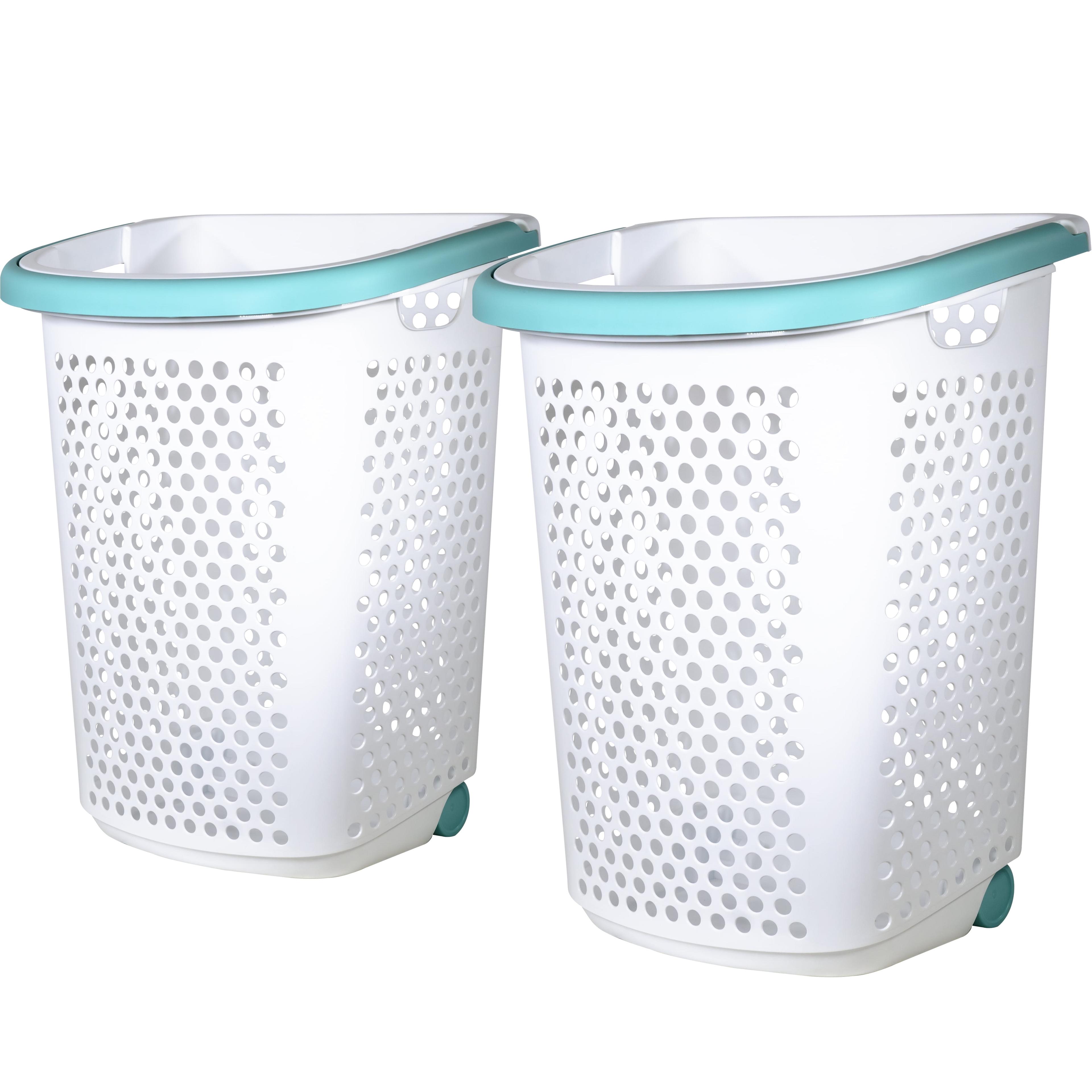 White Polypropylene Rolling Laundry Hamper with Pop-up Handle, 2 Pack