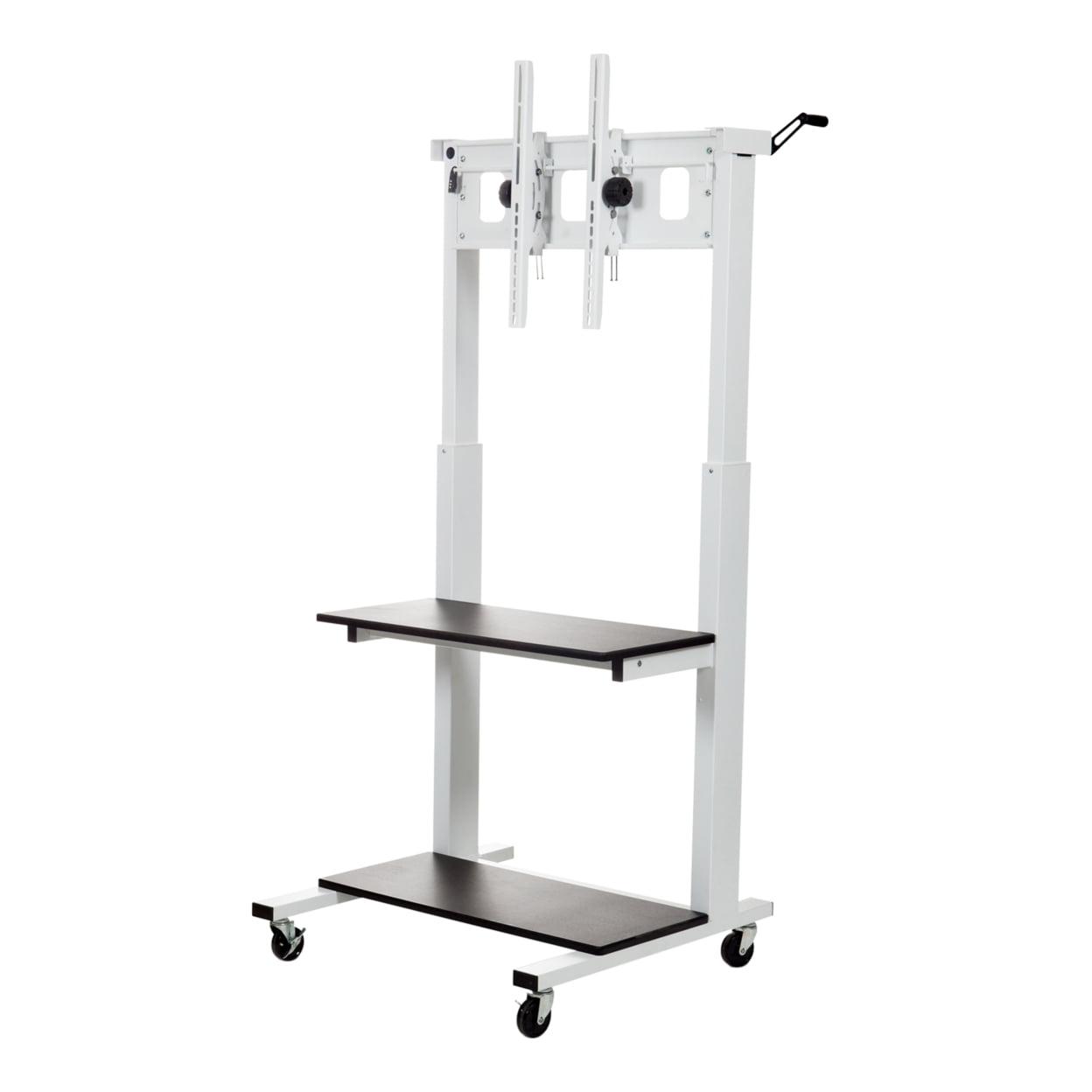 Crank Adjustable Mobile TV Cart with Dual Shelves, White & Black