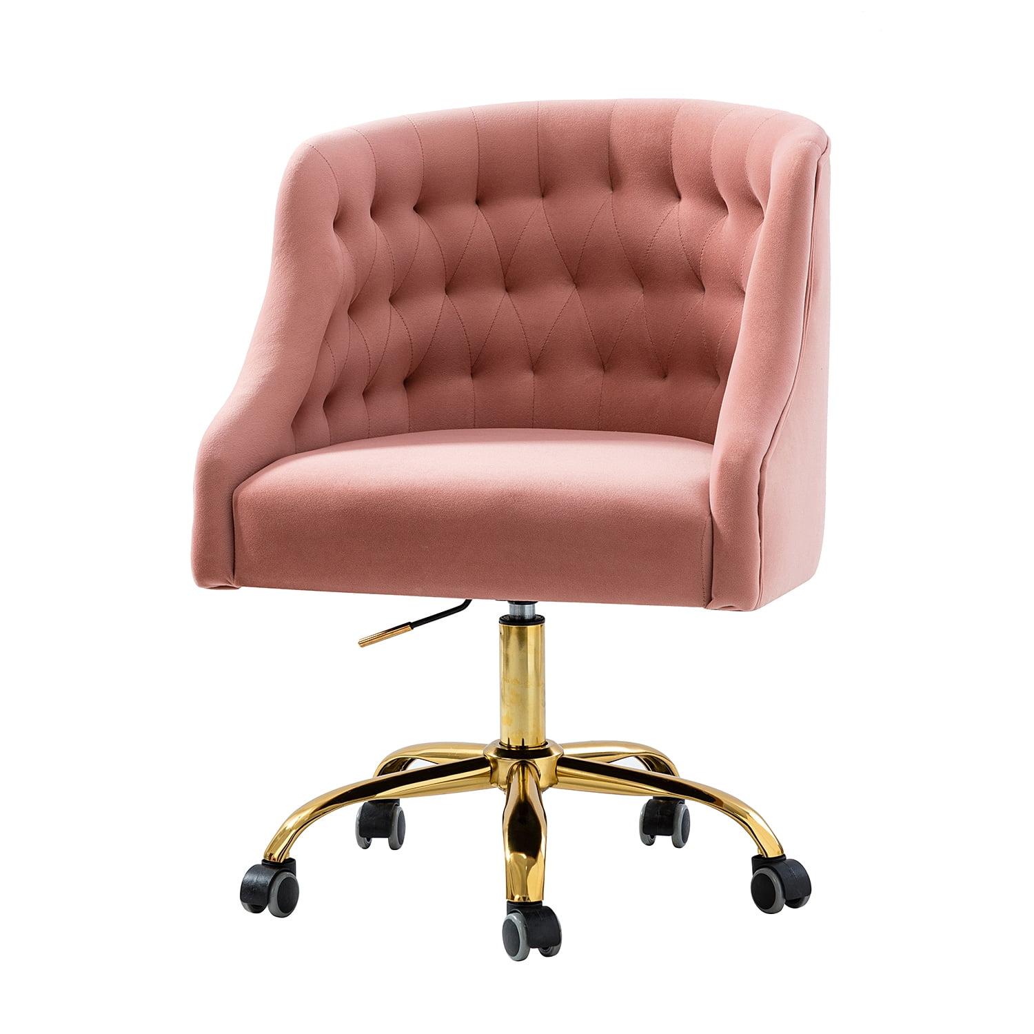 Ergonomic Pink Velvet Swivel Office Chair with Gold Metal Legs