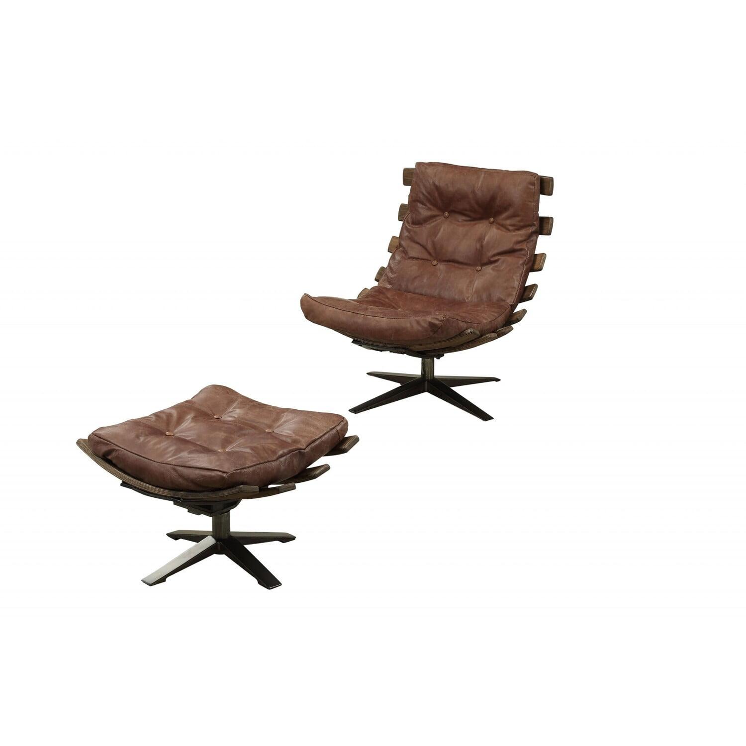 Home Roots  Chair & Ottoman In Retro Brown Top Grain Leather - 2 Piece