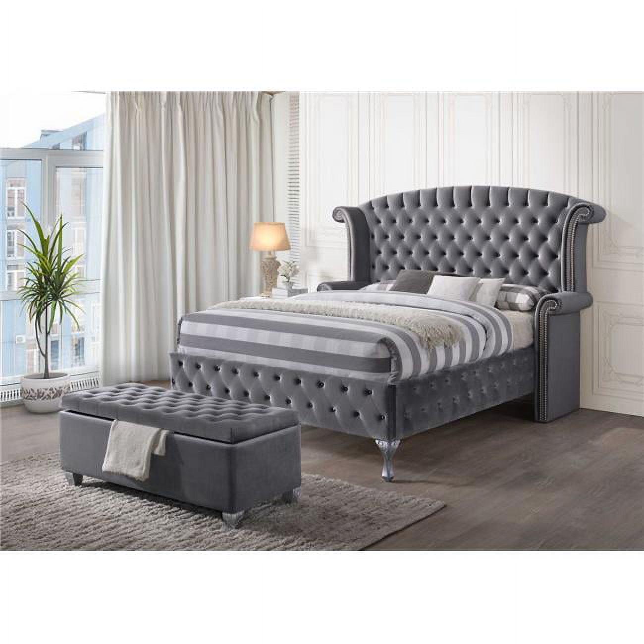 Luxurious Gray Velvet Queen Bed with Tufted Upholstery and Nailhead Trim