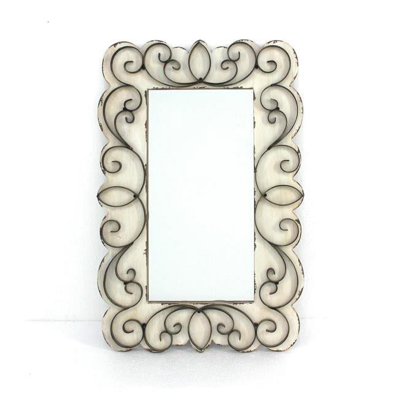 Antiqued White Rectangular Wood Vanity Mirror with Scroll Floral Metalwork