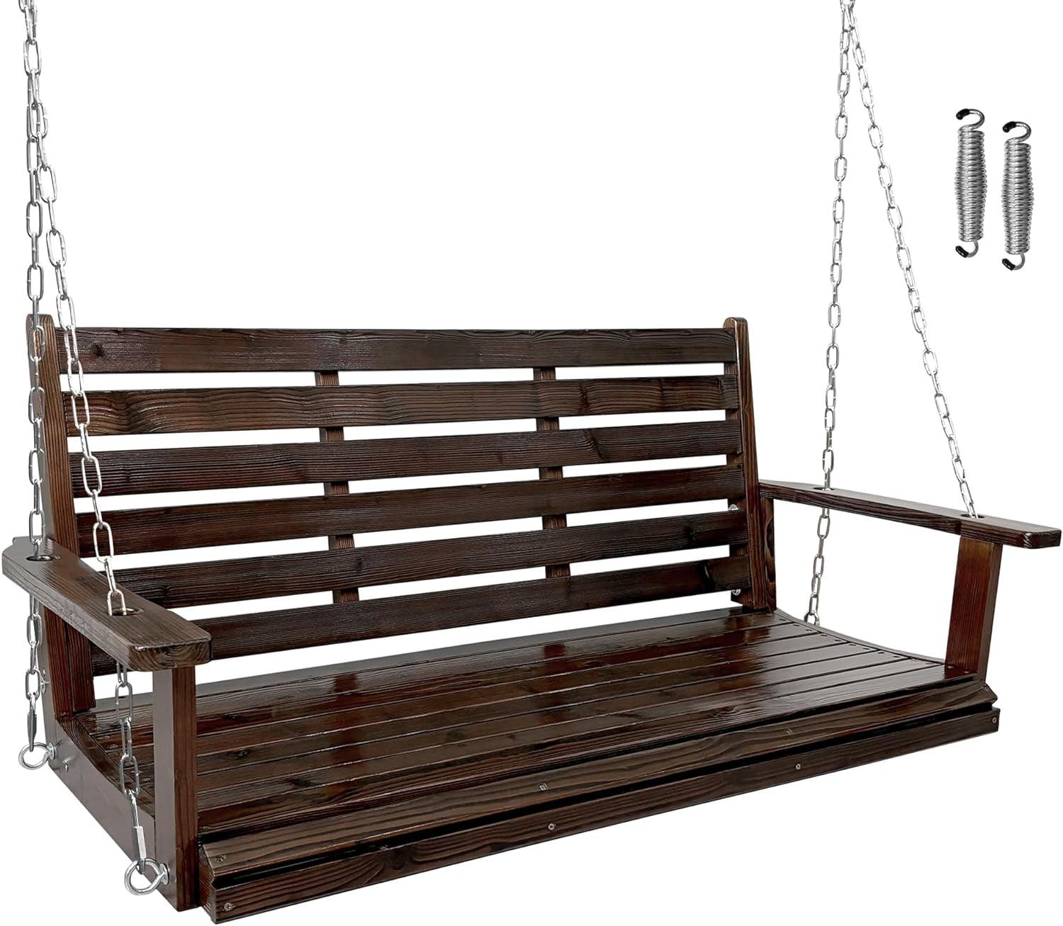 Deep Brown Fir Wood 2-Seater Porch Swing with Chains and Springs