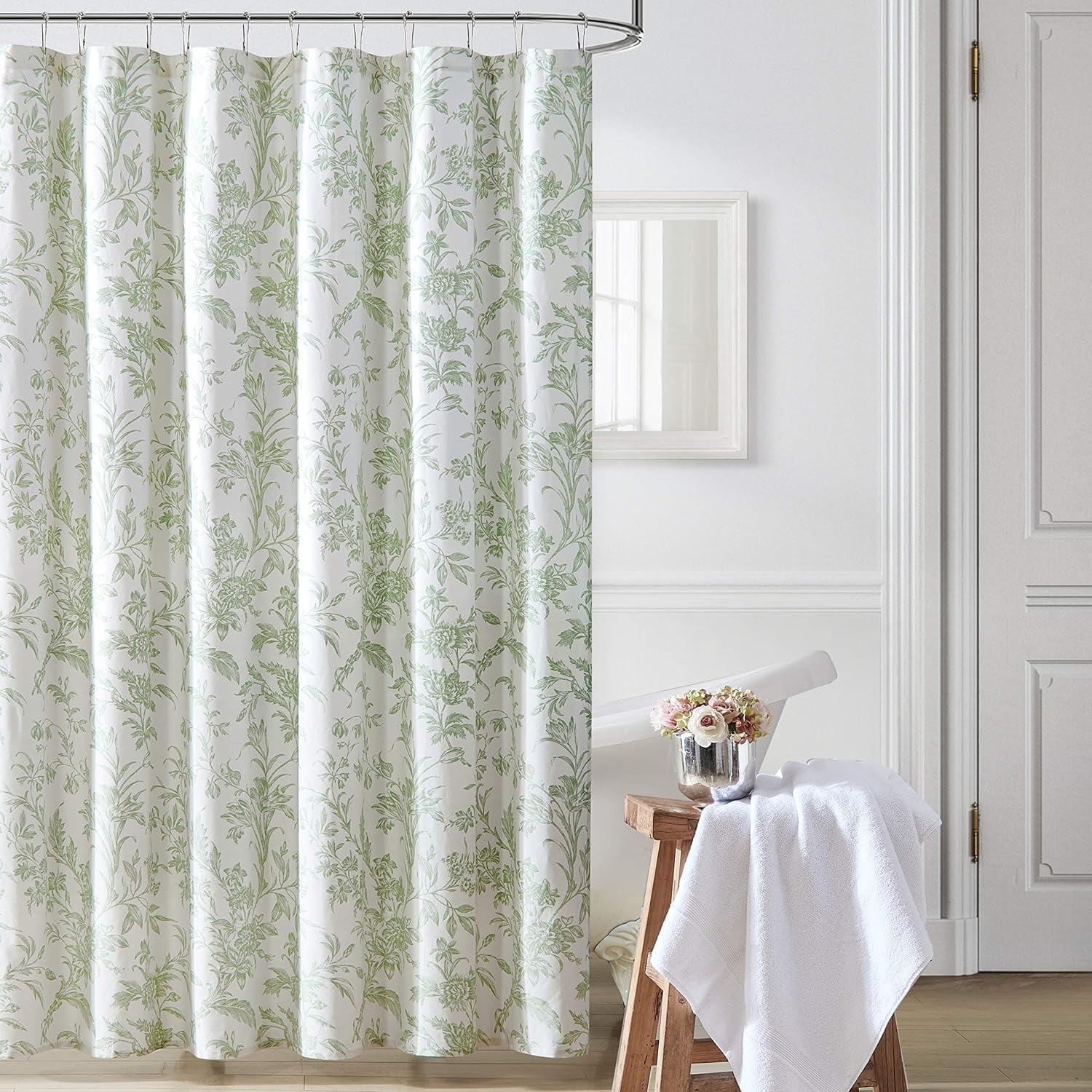 Natalie Sage Green Cotton Floral Shower Curtain