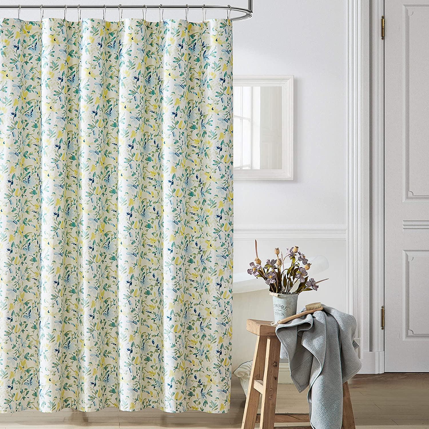 Nora Blue Floral Cotton Shower Curtain with Liner