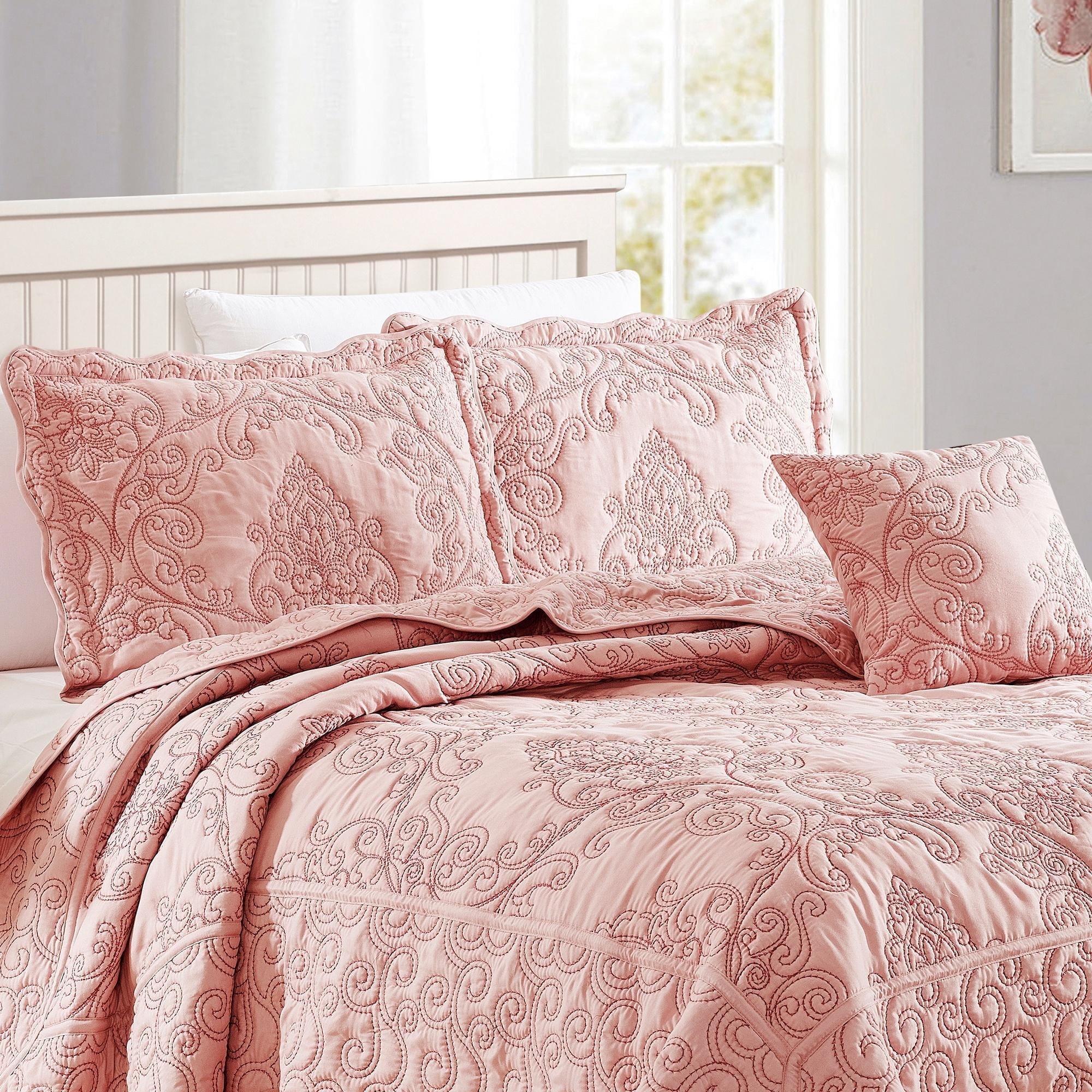 Home Soft Things 4 Piece Damask Embroidery Bedspread Set