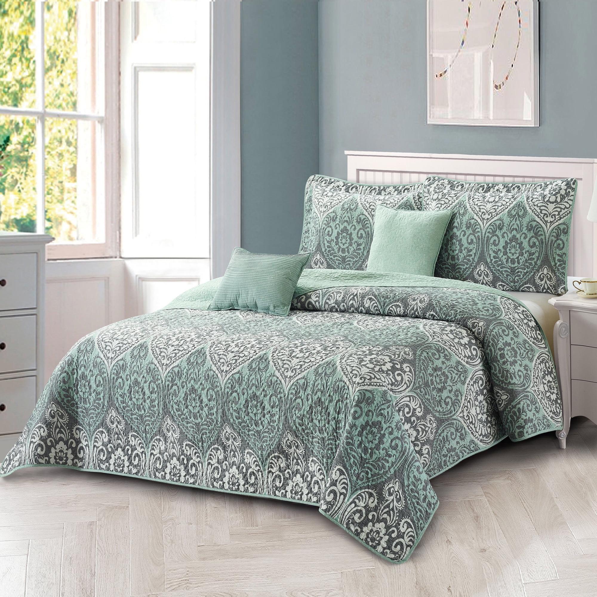 Home Soft Things 5 Piece Kingston Damask Printed Microfiber Quilts Set