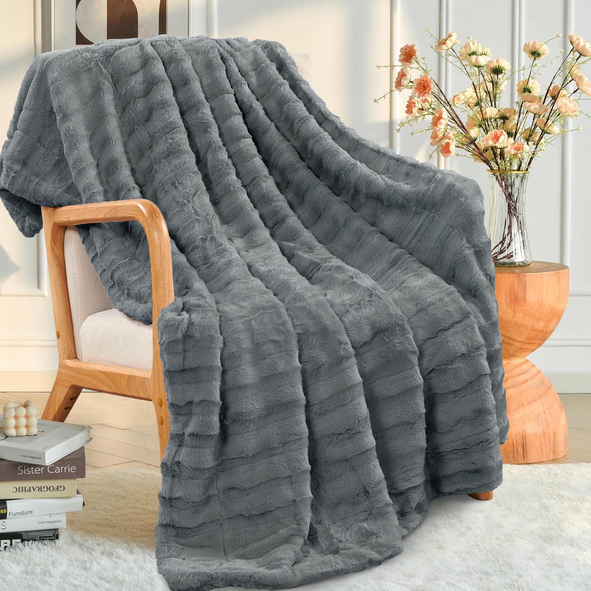 Luxurious Charcoal Double-Sided Faux Fur Throw, 50" x 60"