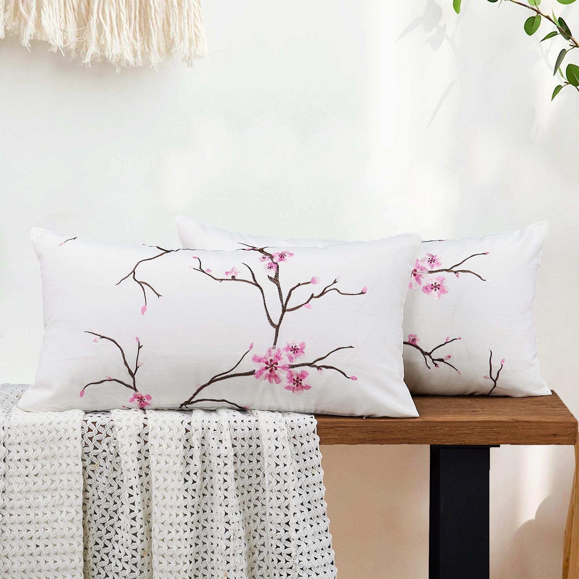 Cherry Blossom Embroidered Pillow Cover