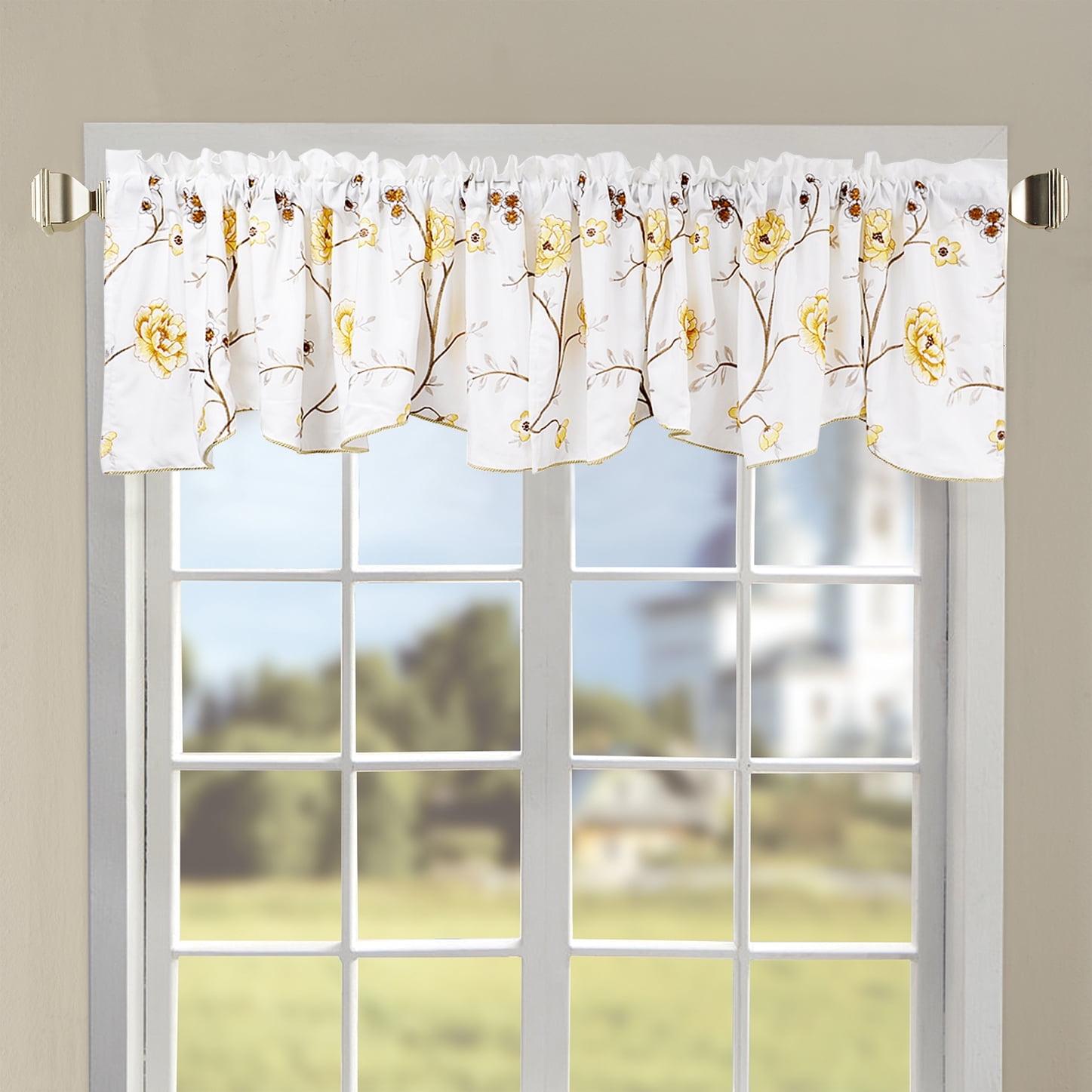 Gold Floral Embroidered Scalloped Window Valance with Rod Pocket