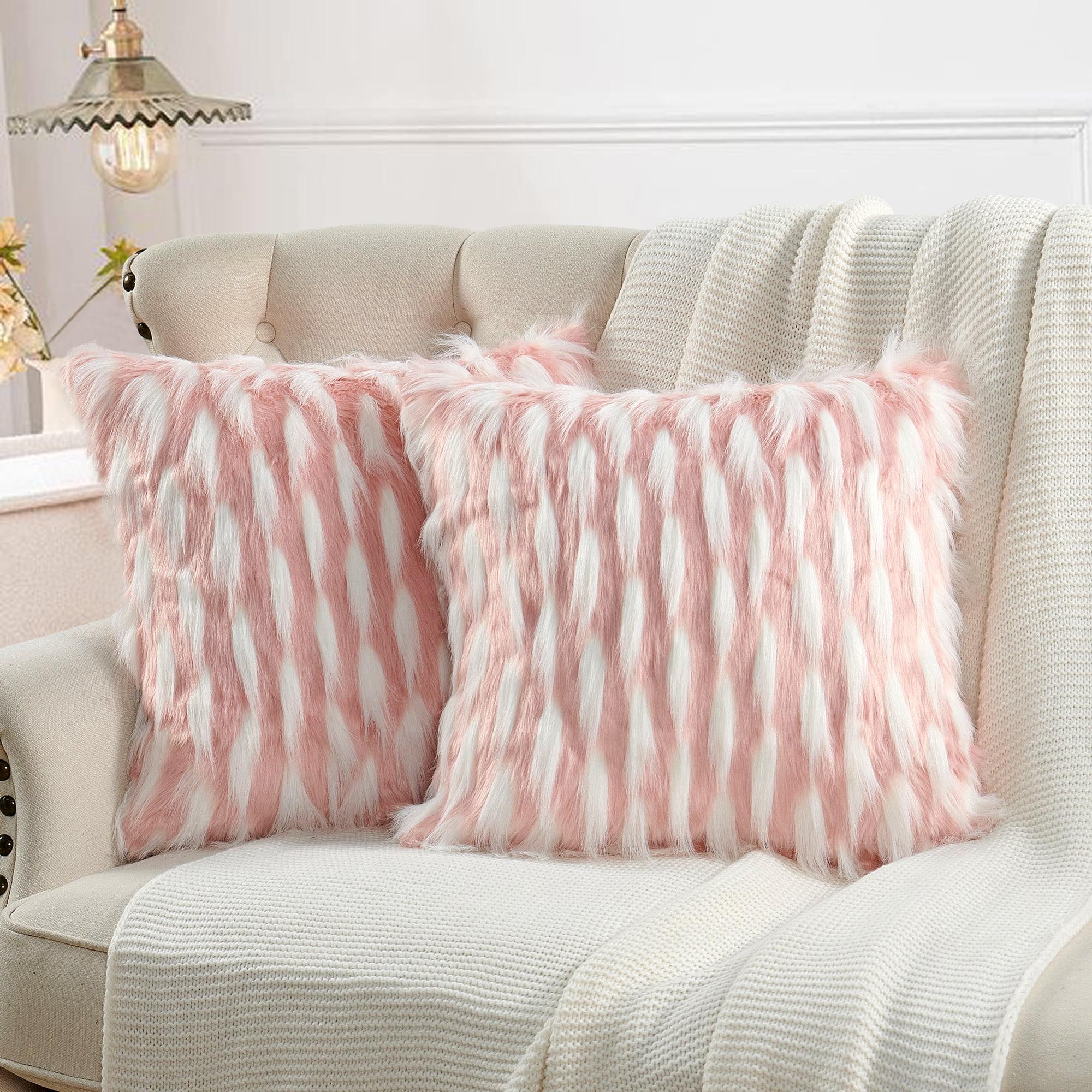 Pink and White Faux Fur Embroidered Euro Pillow Covers, 20" x 20"