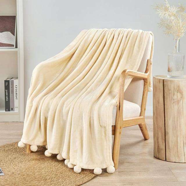 Home Soft Things Flannel Fleece Pom Pom Blanket