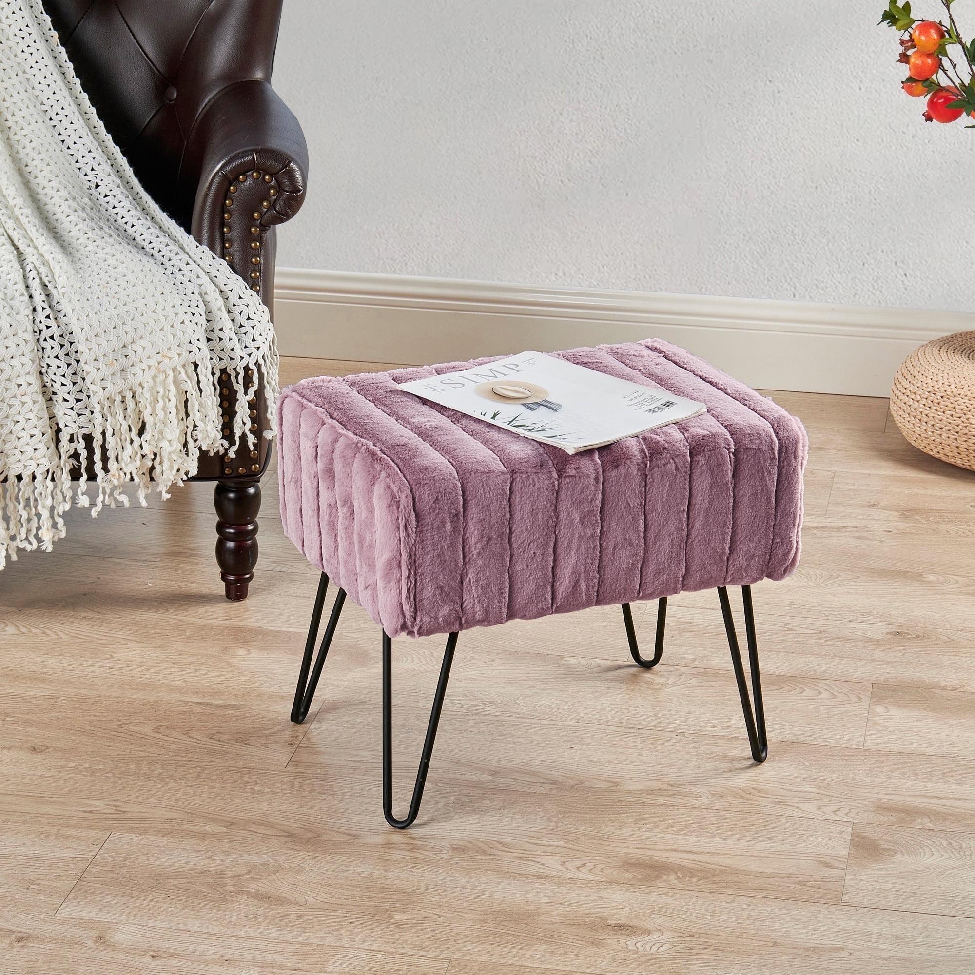 Home Soft Things Super Soft Faux-Fur Upholstered Stool Ottoman, Black Plum, 19"x13"x17"