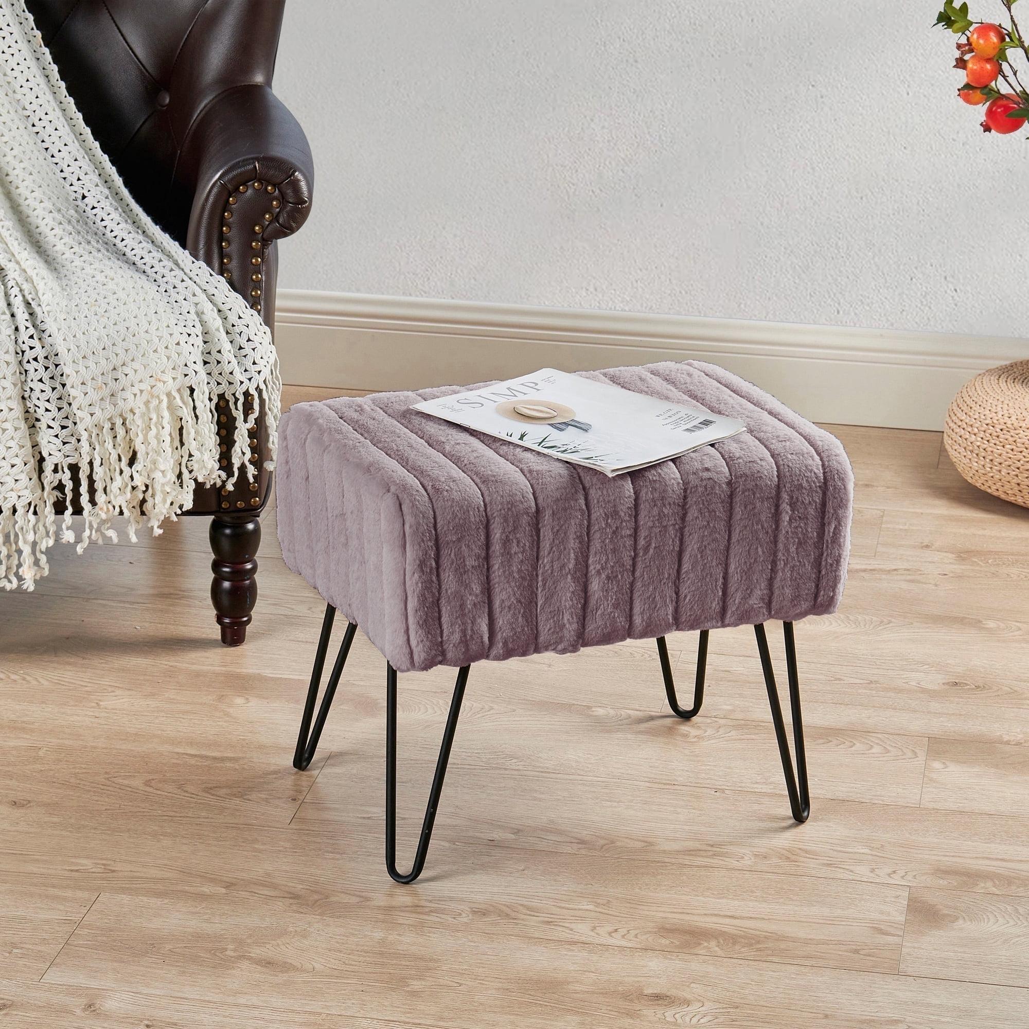 Home Soft Things Super Soft Faux-Fur Upholstered Stool Ottoman, Charcoal, 19"x13"x17"