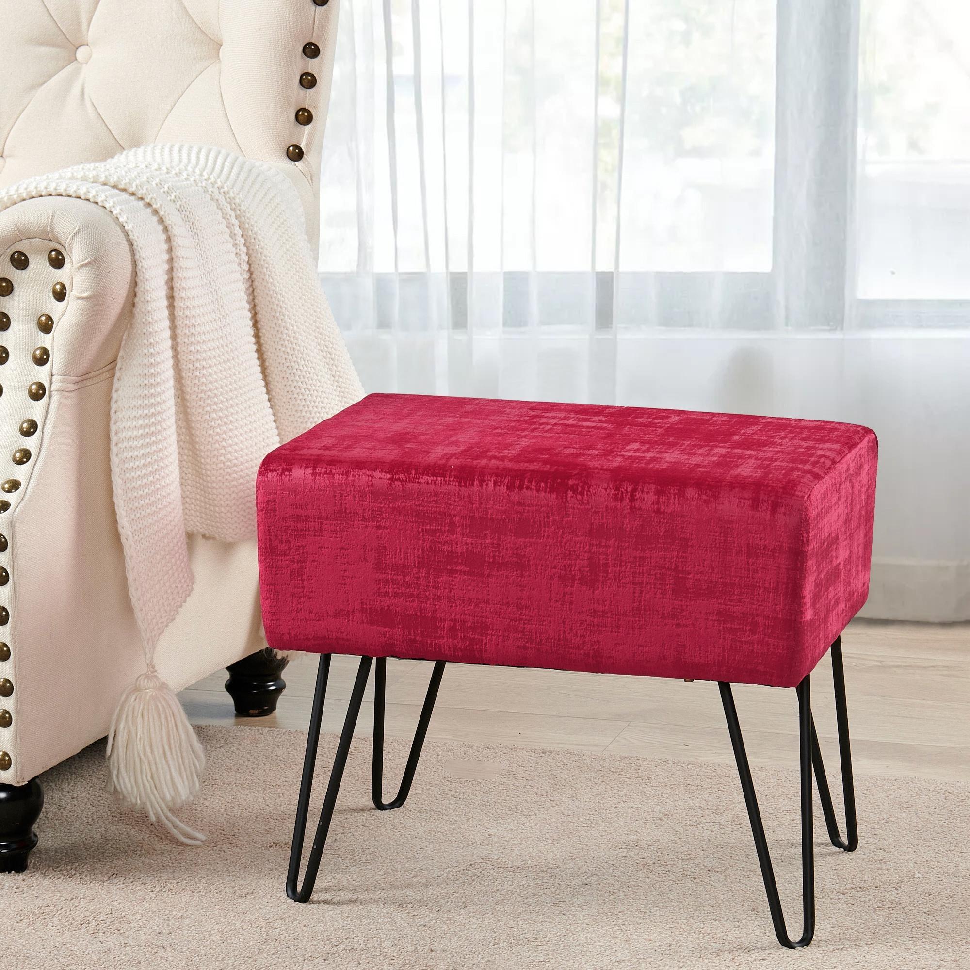 Home Soft Things Textured Velvet Ottoman Stool Chair, Upholstered Footrest with Black Metal Legs, Tango Red, 19" x 13" x 17"