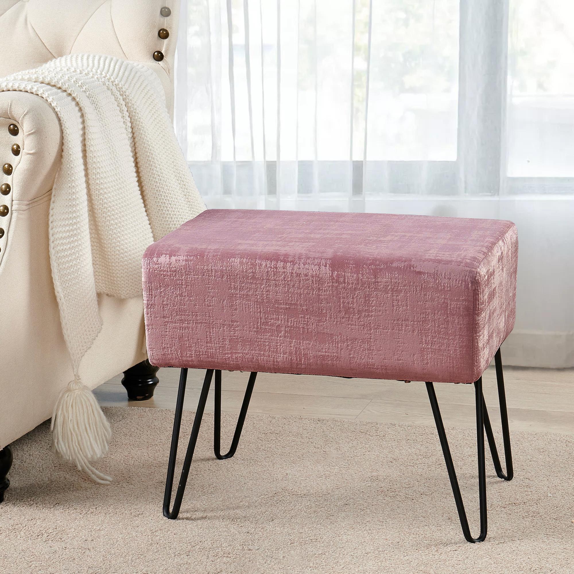 Home Soft Things Textured Velvet Ottoman Stool Chair, Upholstered Footrest with Black Metal Legs, Withered Rose, 19" x 13" x 17"