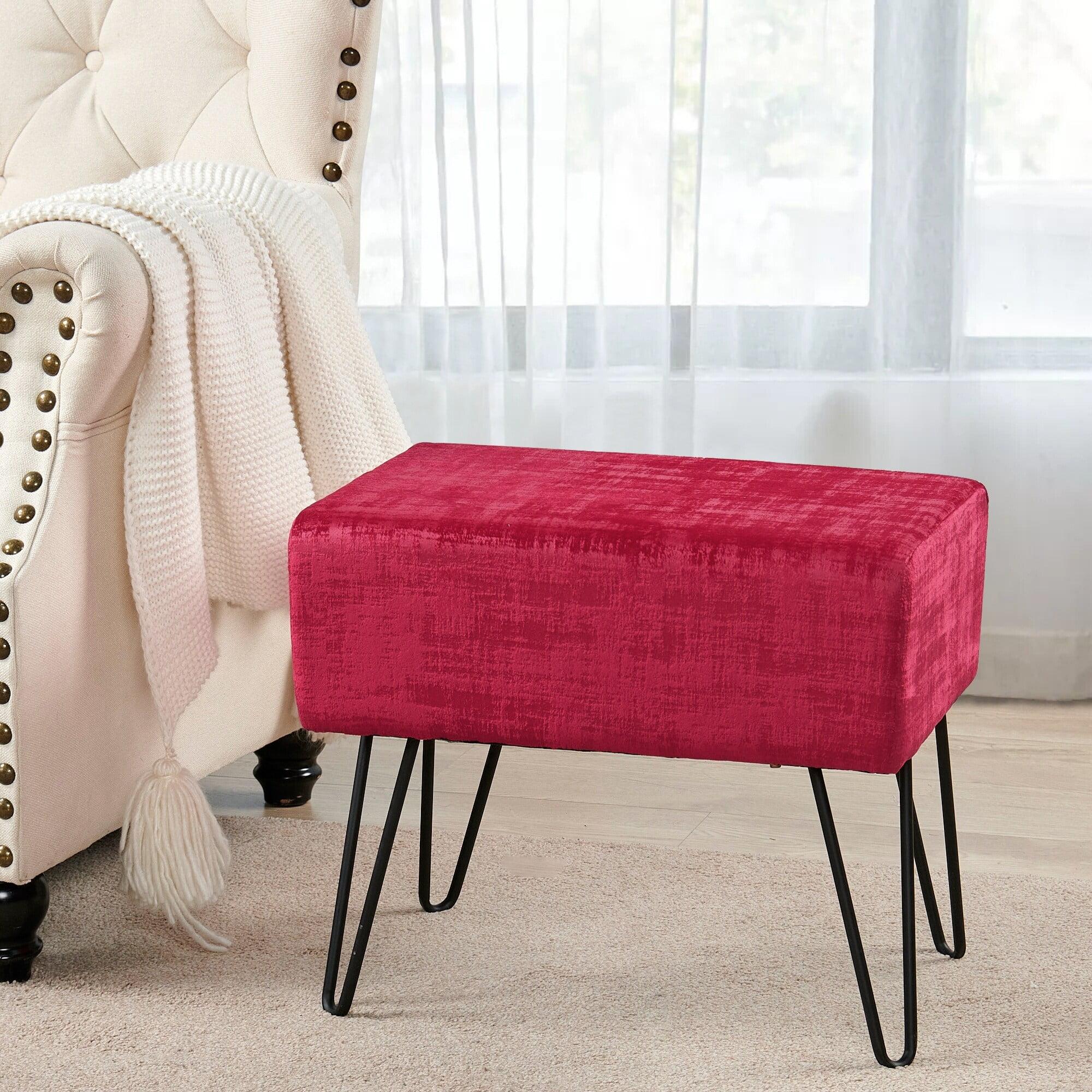 Home Soft Things Textured Velvet Ottoman Stool Chair, Upholstered Footrest with Black Metal Legs, Tango Red, 19" x 13" x 17"