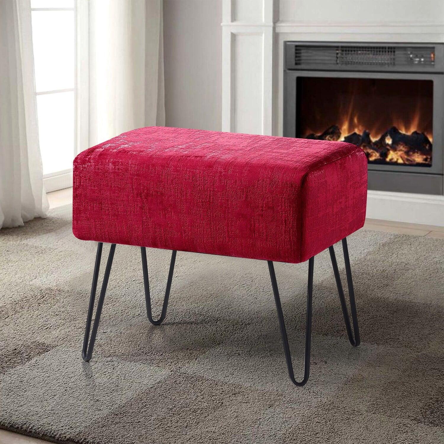 Home Soft Things Textured Velvet Ottoman Stool Chair, Upholstered Footrest with Black Metal Legs, Tango Red, 19" x 13" x 17"