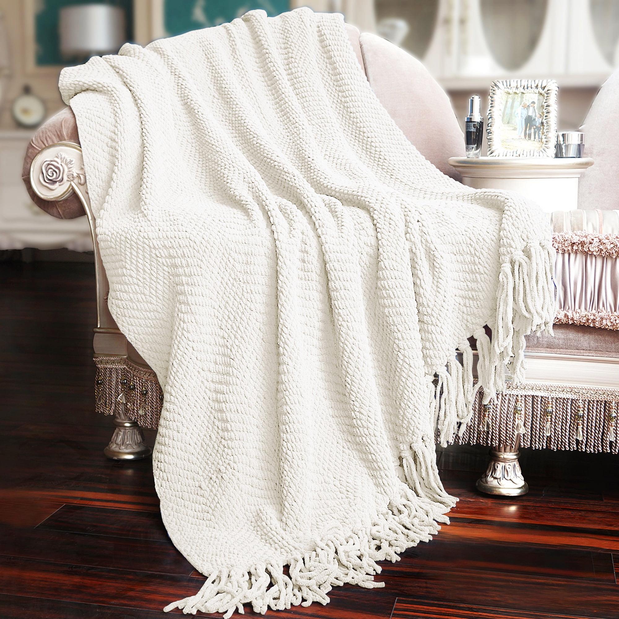 Antique White Microfiber Tweed Throw Blanket with Braided Tassels, 60x80"