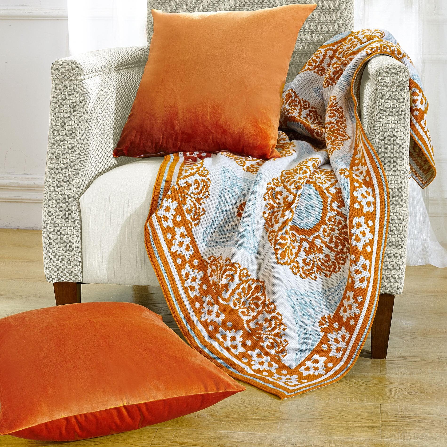 Delia Orange and White Knitted Throw Blanket Set