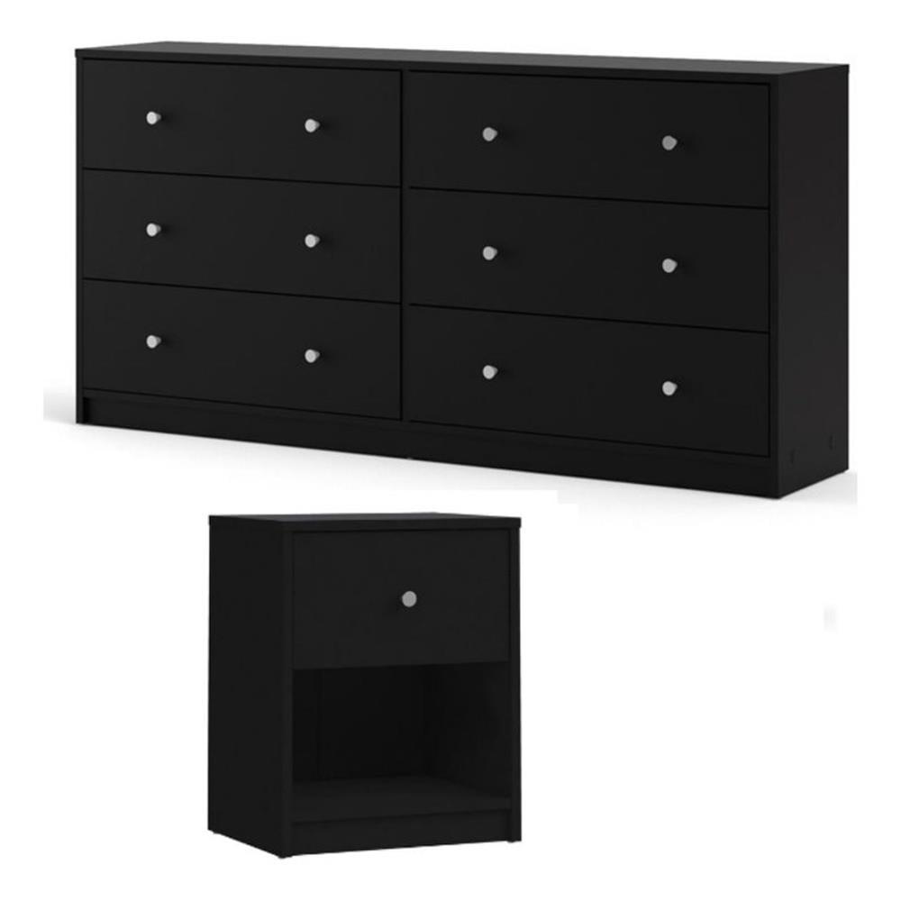 Black Engineered Wood 6-Drawer Dresser and 1-Drawer Nightstand Set