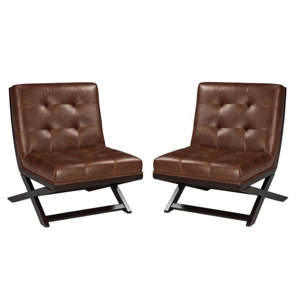 Barcelona Style Brown Faux Leather Tufted Accent Chair Set