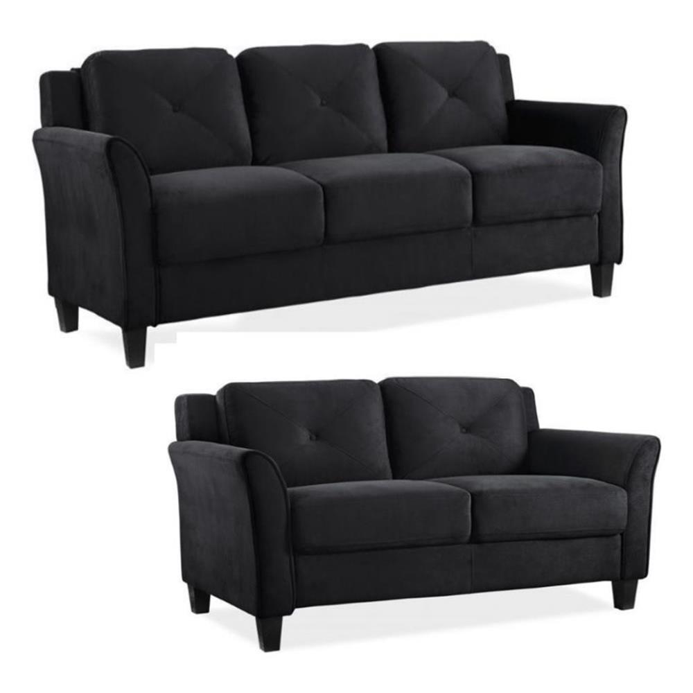 Black Microfiber Transitional Sofa and Loveseat Set with Tufted Cushions