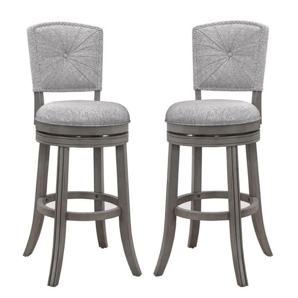 Antique Gray Swivel Wood Counter Stools with Ash Upholstery, Set of 2