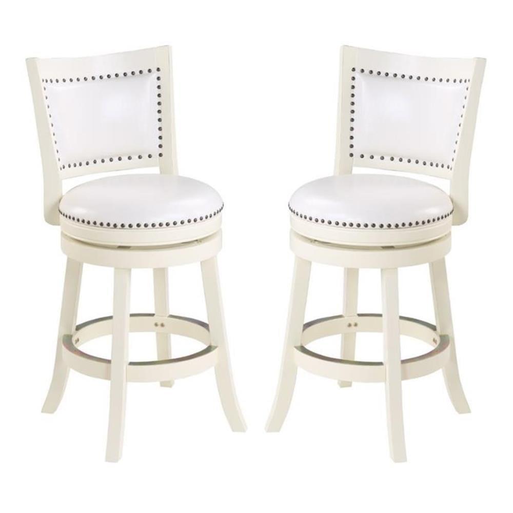 Distressed White Swivel Bar Stools with Faux Leather and Brass Nailhead Trim