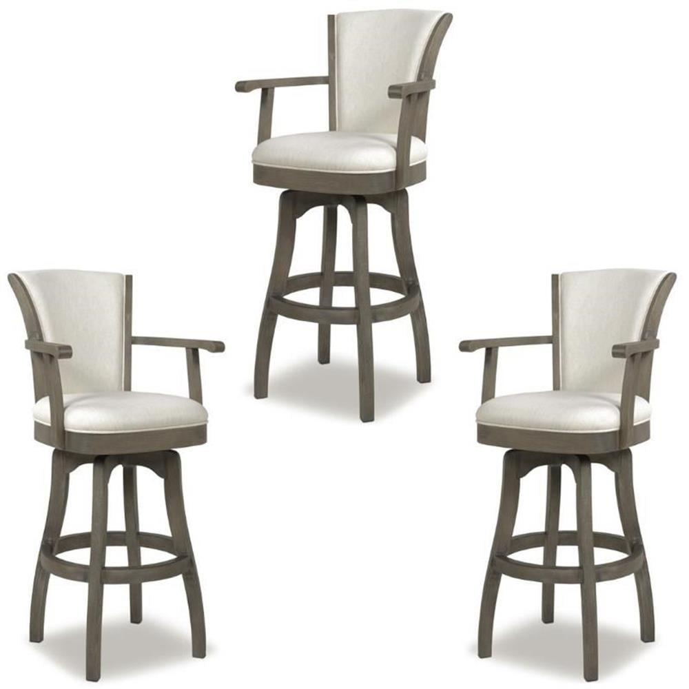 Natural White Linen and Oak Swivel Bar Stools with Armrests, Set of 3