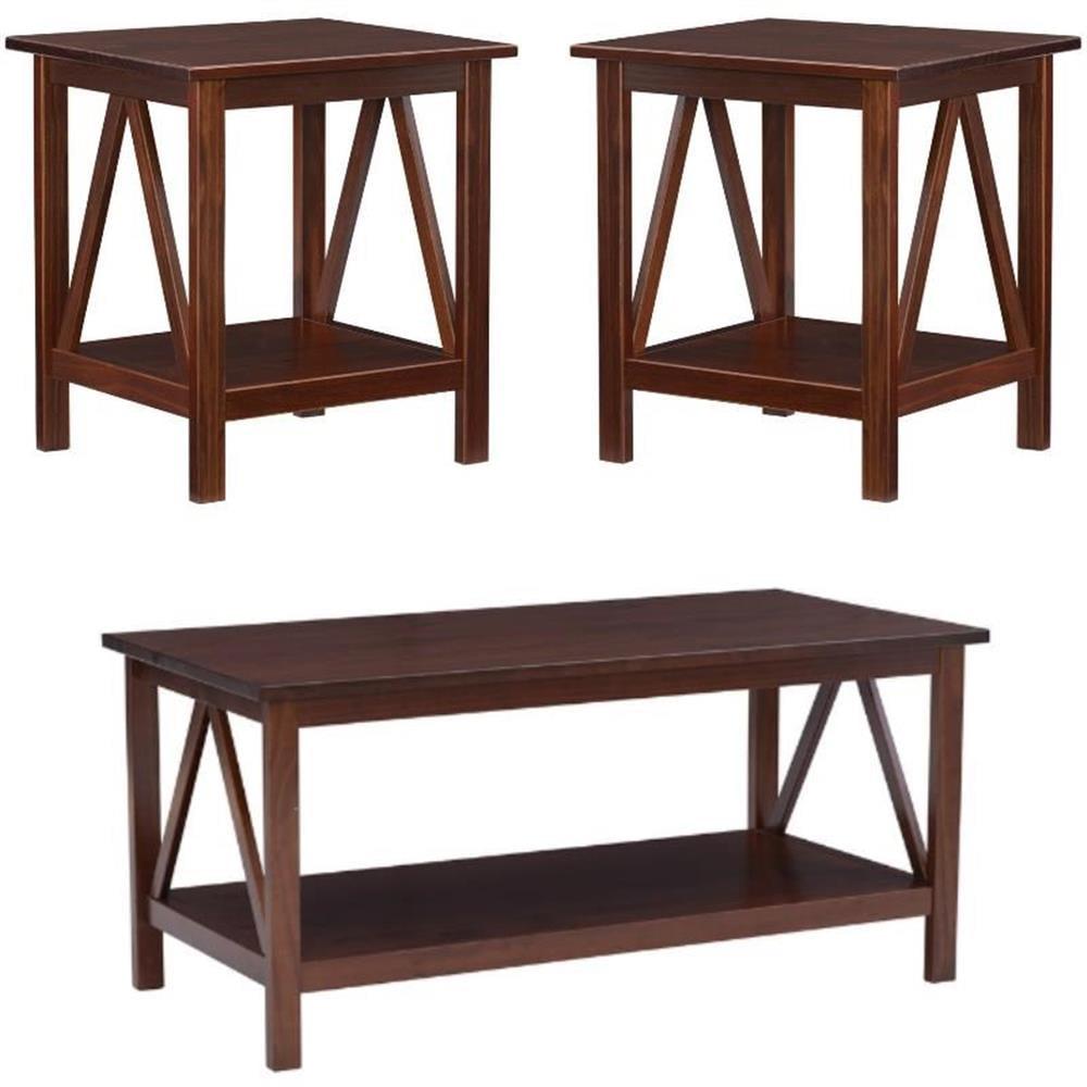 Antique Tobacco Brown Pine Wood Coffee Table and End Tables Set